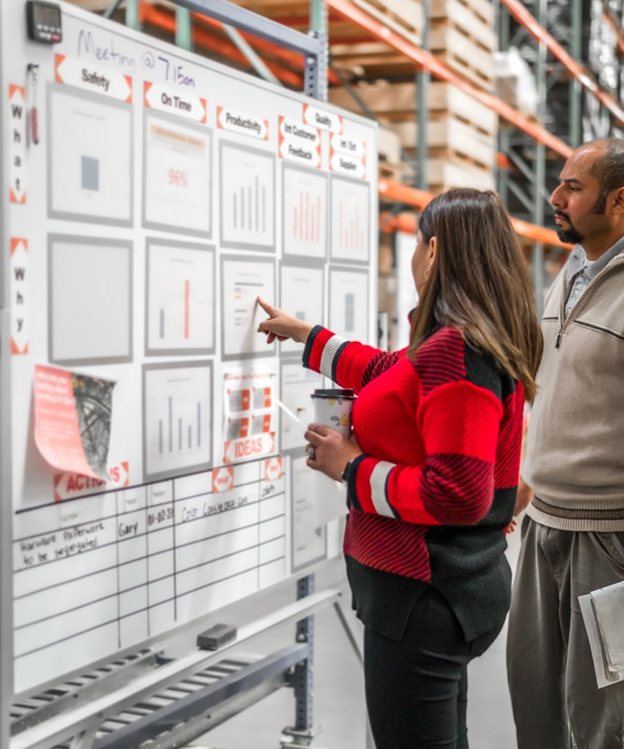 A person showing another person some charts on a wall