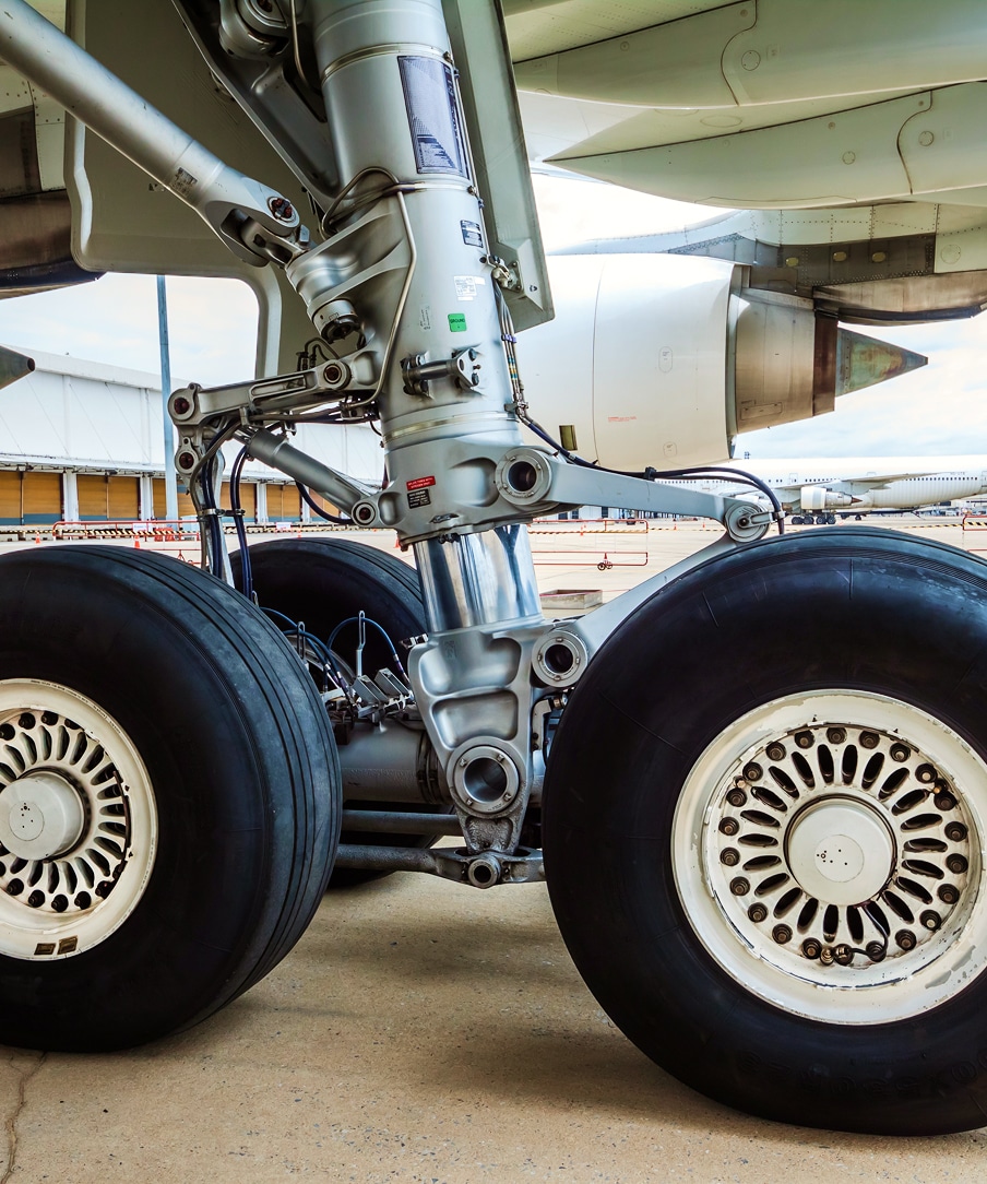 Close-up of airplane landing gear